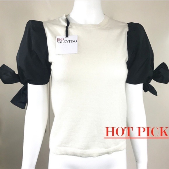 RED Valentino Cream and Black Puff Sleeve Top